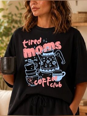 Tired Moms Coffee Club Graphic Tee - Black with Pink & Light Blue Print XS-3X